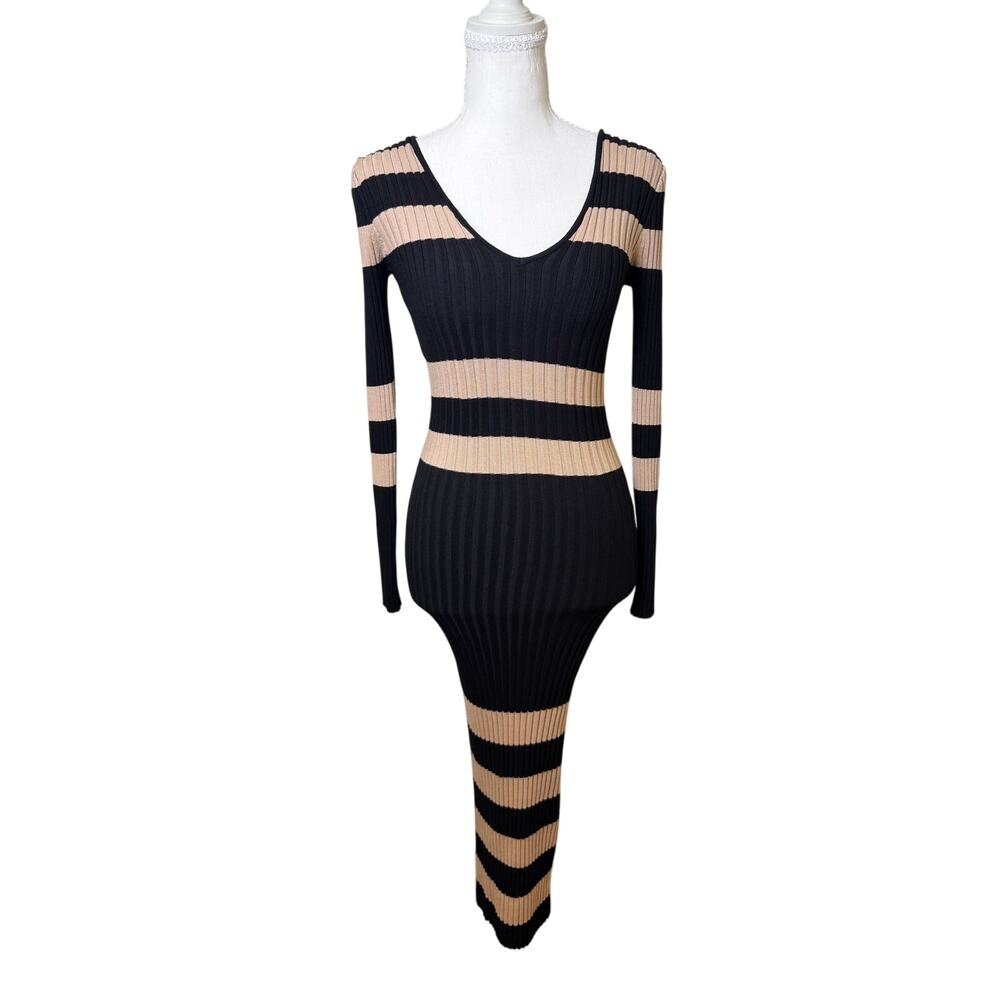 Fashion Nova Black Tan Striped Ribbed Knit Long Sleeve Maxi Dress